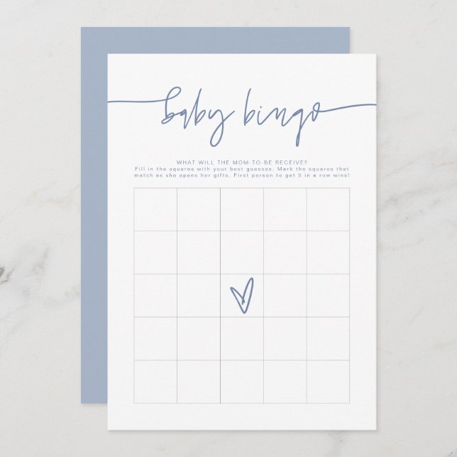 MARLO Boho Dusty Blue Baby Dusche Bingo Game Card Einladung (Vorne/Hinten)