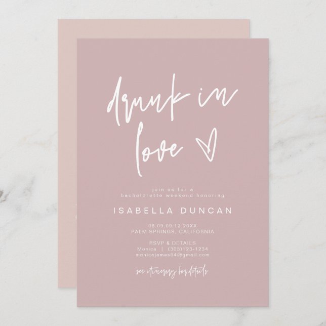 MARLO Dusty Rose Betrunken in Liebe Bachelorette Einladung (Vorne/Hinten)