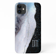 Marmor Abstrakt Silver Blue Glitzer Monogramm