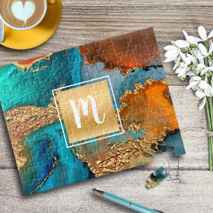 Marmor Aquarellfarben, monogramm, goldtürkis und o Puzzle