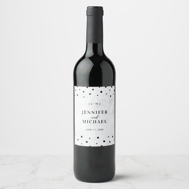 Marmor & Black Confetti Modern Wedding Wine Label Weinetikett (Vorderseite)