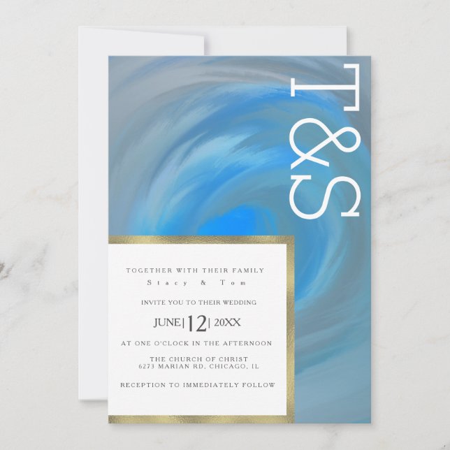 Marmor Blau Wellen Strand Typografie Hochzeit Einladung (Vorderseite)