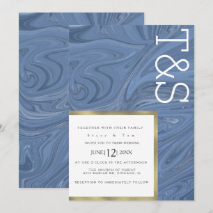 Marmor Flüssig Dunkelblau Gold Typografie Hochzeit Einladung
