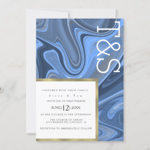 Marmor Flüssig Navy Blau Gold Typografie Hochzeit Einladung