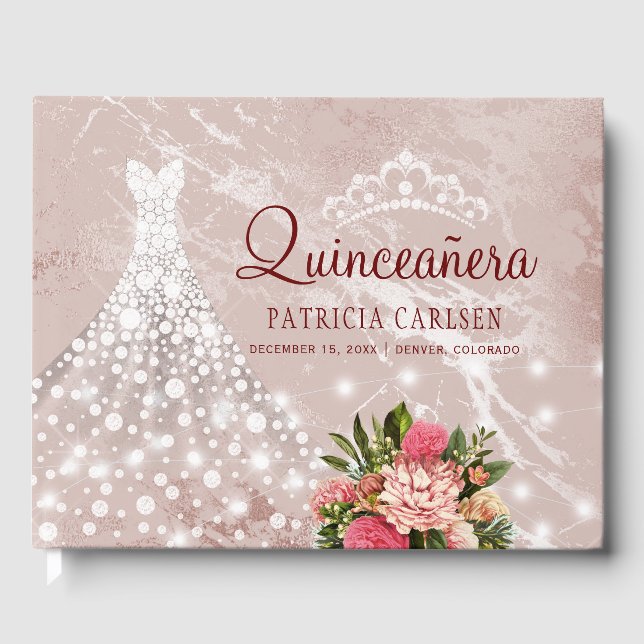 Marmor glänzen Diamanten verkleiden Quinceanera Gästebuch (Vorderseite)