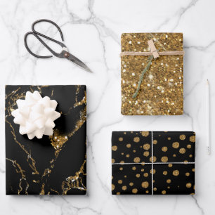 Marmor Glitzer Polka Dots Black/Gold Geschenkpapier Set