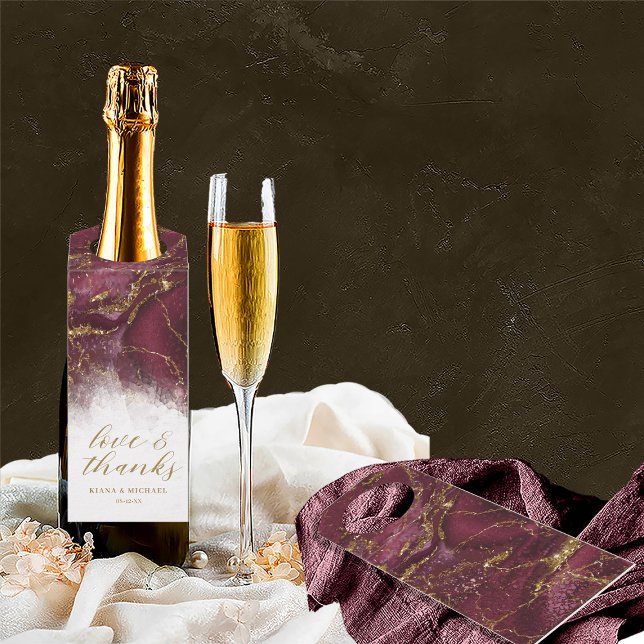 Marmor Glitzer Wedding Dank Burgundy Gold ID644 Flaschenanhänger (Front/Back In Situ)