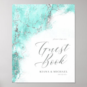 Marmor Glitzer Wedding Gäste Aquamarin Silver ID64 Poster