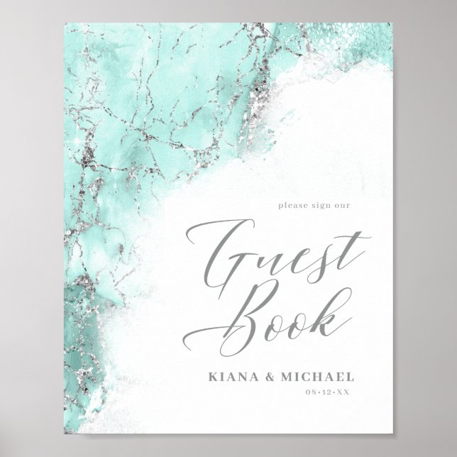 Marmor Glitzer Wedding Gäste Aquamarin Silver ID64 Poster (Vorne)