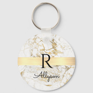 Marmor-Goldbarren mit schwarzem Namen und Monogram Schlüsselanhänger