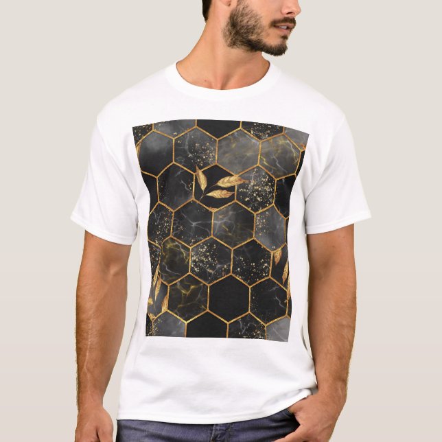 Marmor Hexagon, goldene Blätter Textur. T-Shirt (Vorderseite)