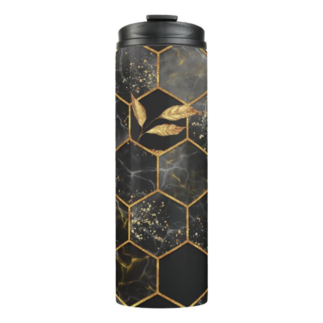 Marmor Hexagon, goldene Blätter Textur. Thermosbecher (Vorderseite)