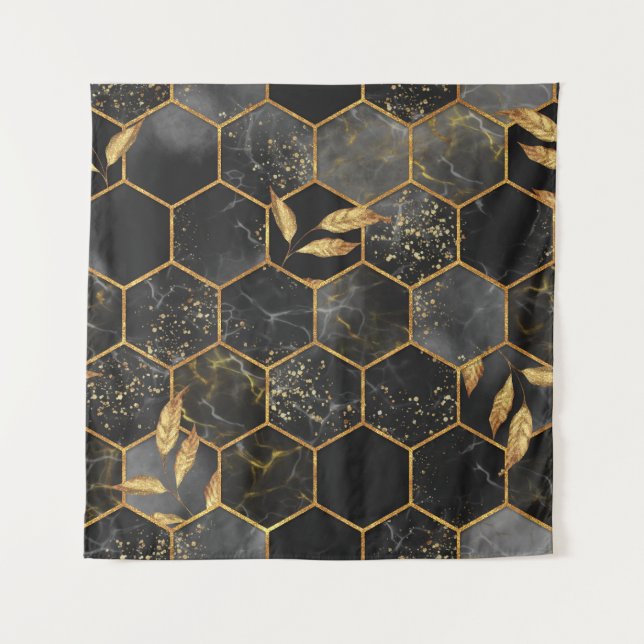 Marmor Hexagon, goldene Blätter Textur. Wandteppich (Vorderseite)