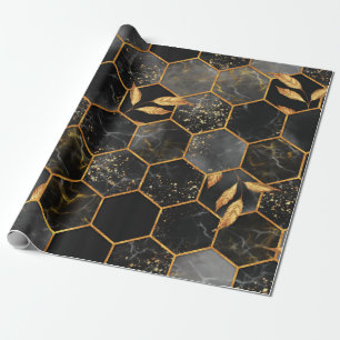Marmor-Hexagon nahtlose Textur mit goldenen Blätte Geschenkpapier