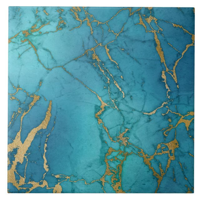 Marmor Inspiriert Aquamarin Blue Gold Tile Fliese (Vorderseite)