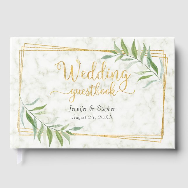 Marmor mit Eukalyptus Greenery Gold Wedding Gästebuch (Vorderseite)