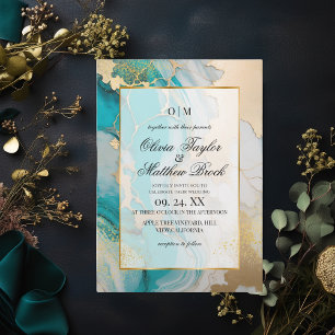 Marmor Moderne Türkis- und Goldhochzeit Einladung
