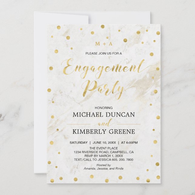 Marmor & Polka dot | Moderne Gold-Engagement-Parte Einladung (Vorderseite)