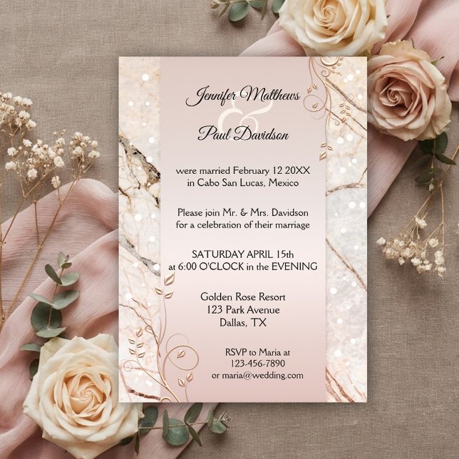 Marmor Rose Gold Floral Post Hochzeit Einladung (After wedding invitation featuring rose gold floral swirls on a blush pink and marble background)