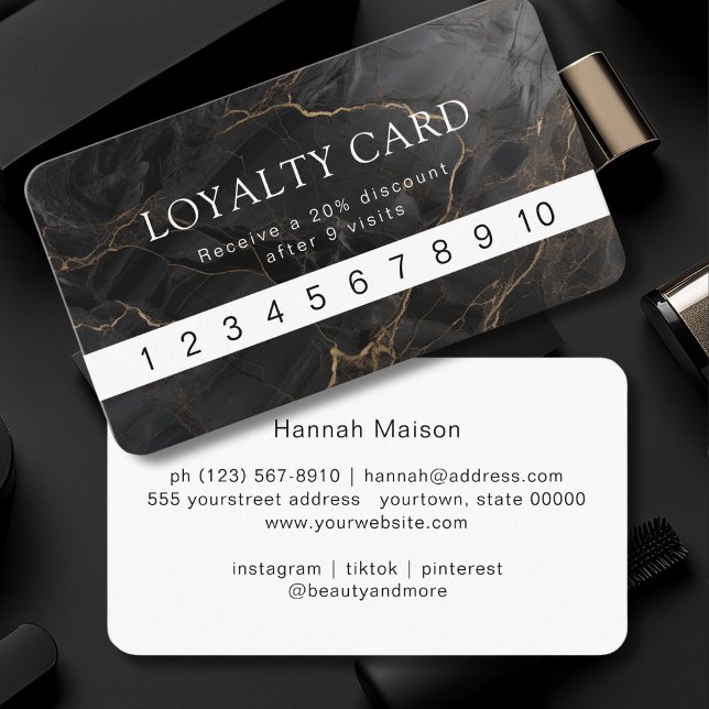 Marmor, Schwarz-Gold, Salon Loyalität Visitenkarte (Marble, Black-Gold, Salon Loyalty Business Card)
