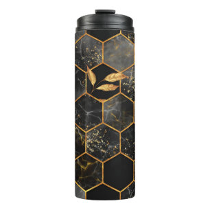 Marmor-Sechseck nahtlose Textur mit goldenen Blätt Thermosbecher
