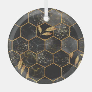 Marmor-Sechseck, Textur mit goldenen Blättern. Ornament Aus Glas