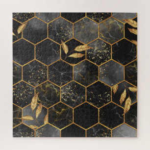 Marmor-Sechseck, Textur mit goldenen Blättern. Puzzle