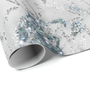 Marmor Silver Gray Blue Aqua Floral Foils Laurel Geschenkpapier