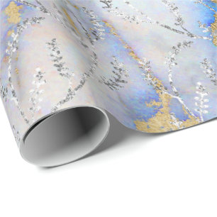Marmor Silver Gray Blue Ocean Floral Foils Laurel Geschenkpapier