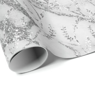 Marmor Silver Gray White Floral Foil Laurel Geschenkpapier