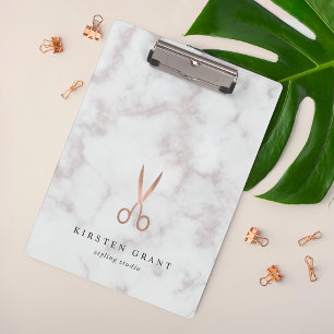 Marmor- und Rose-Gold-Scheren-Salon-Logo Klemmbrett