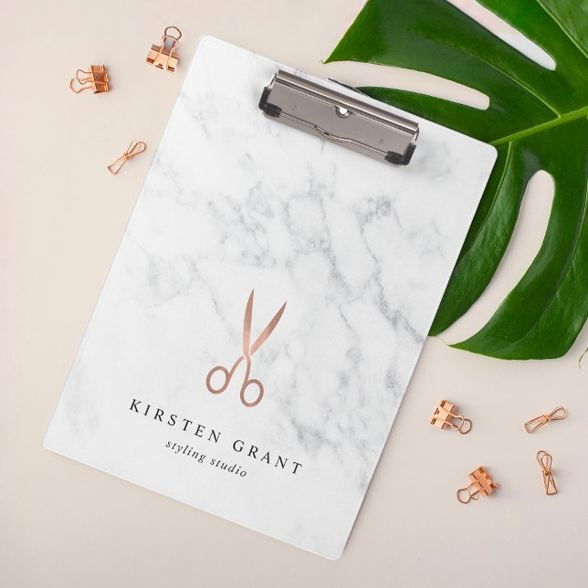 Marmor- und Rose-Gold-Scheren-Salon-Logo Klemmbrett (Von Creator hochgeladen)