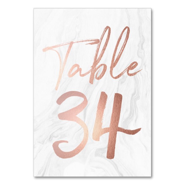 Marmor und Rose Gold Script | Tischnummer Card 34 (Vorderseite)