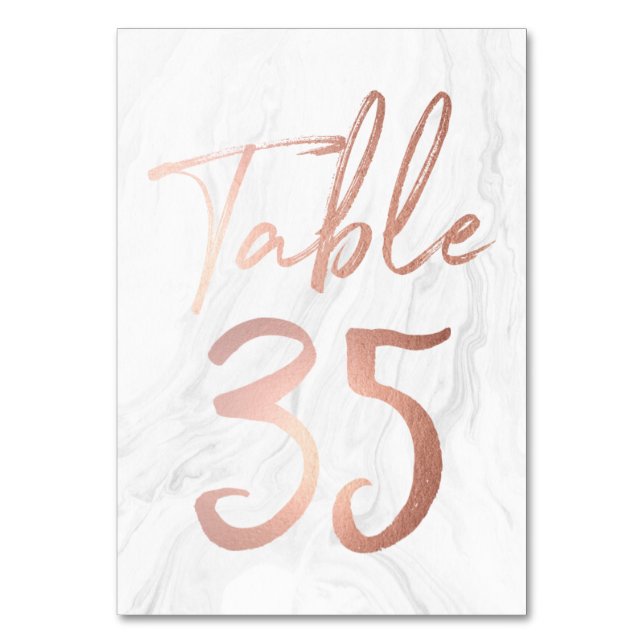 Marmor und Rose Gold Script | Tischnummer Card 35 (Vorderseite)
