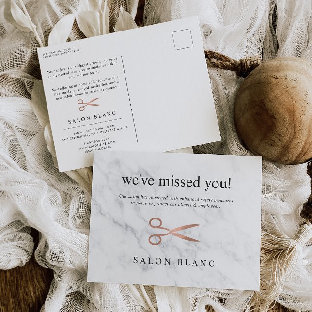 Marmor und Rose Gold | Wiedereröffnung des Friseur Postkarte (Von Creator hochgeladen)