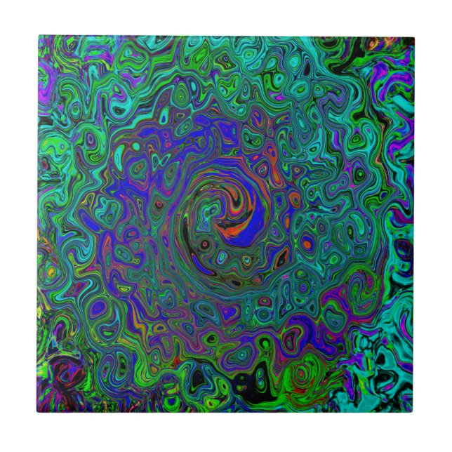 Marmorblau und Aquamarine Abstrakter Retrowirbel Fliese (Vorderseite)