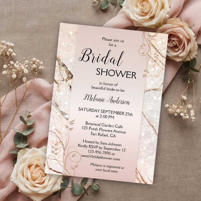 Marmordusche Rose Gold Blumendusche Einladung (Bridal shower invitation featuring rose gold floral swirls on a blush pink with marble background)