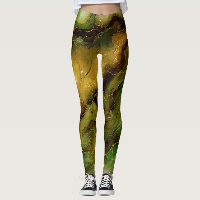 Marmoreffekt in Grün und Gold Leggings (Vorderseite)