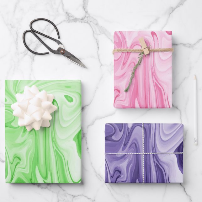 Marmorfarbe grüne grüne rosa lila farbig geschenkpapier set (Vorderseite)