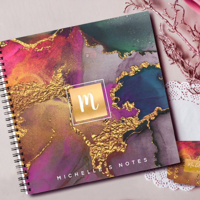 Marmorgoldfarben, lila-blaues Monogramm-Quadrat Notizbuch (Von Creator hochgeladen)