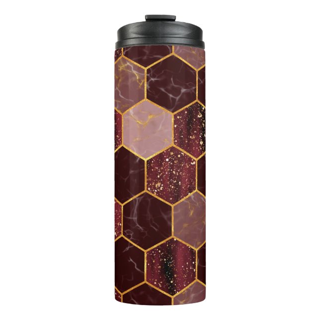 Marmorhexagon nahtlose Textur mit Gold Thermosbecher (Vorderseite)
