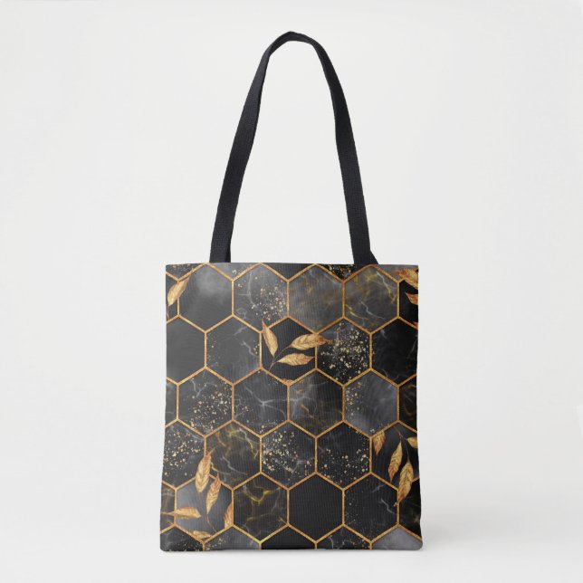 Marmorhexagon nahtlose Textur mit goldenen Blätter (Vorderseite)