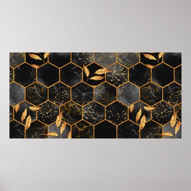 Marmorhexagon nahtlose Textur mit goldenen Blätter Poster (Vorne)