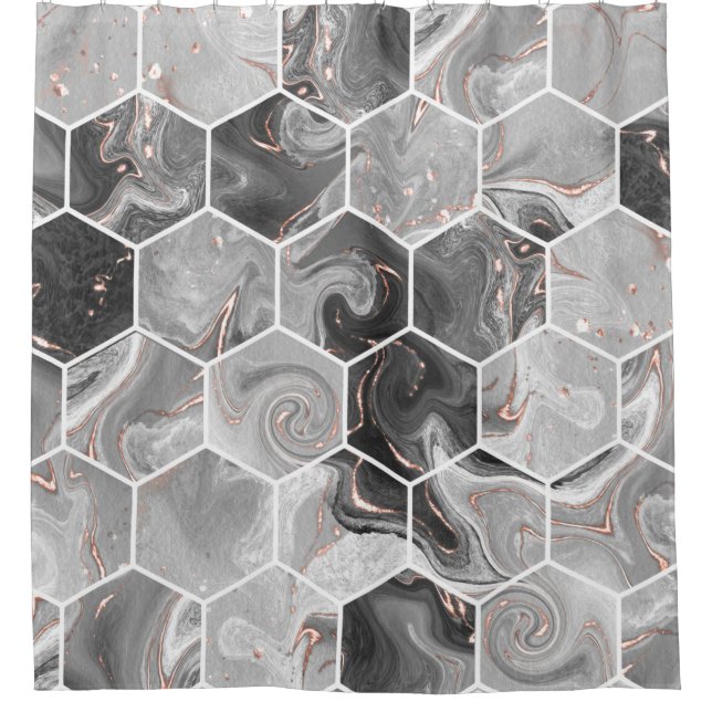 Marmorhexagon nahtlose Textur mit Goldmuster Duschvorhang (Vorderseite)