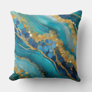 Marmoriertes Türkisblau Gold Elegantes Faux Kissen