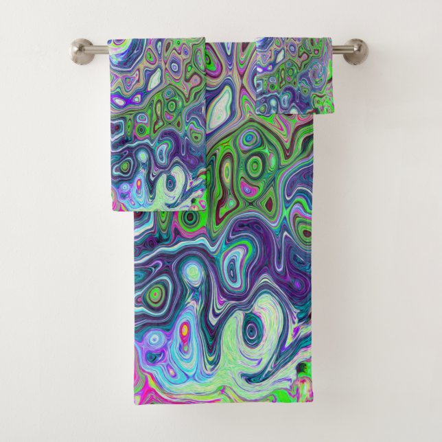 Marmorkalkgrün und Lila Abstrakter Retrowirbel Badhandtuch Set (Insitu)