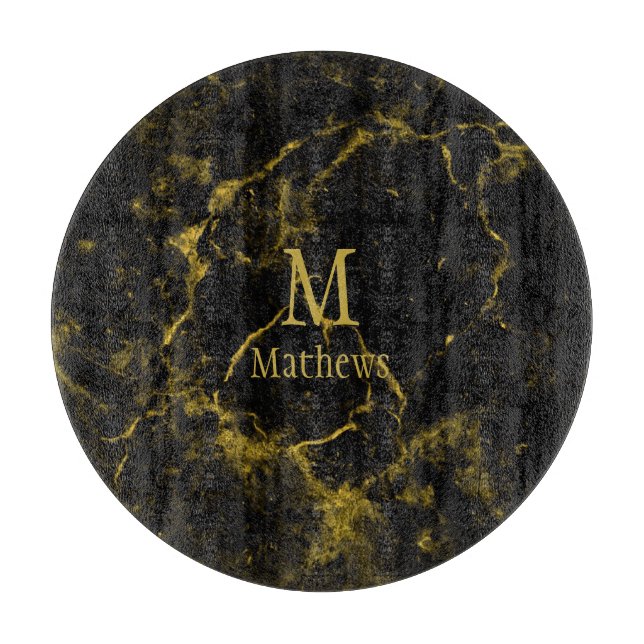 Marmormonogramm Schwarzes Gold 12" Schneidebrett (Vorderseite)