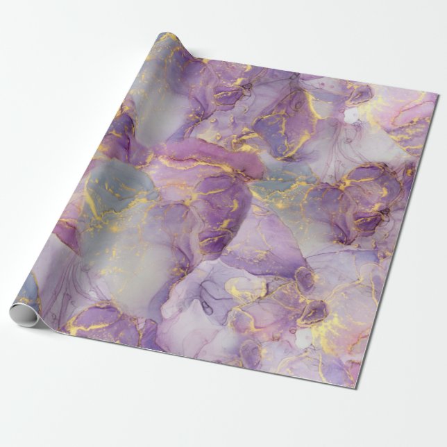 Marmormuster von Pastel Lilac, Blau und Gold Glitz Geschenkpapier (Ungerollt)