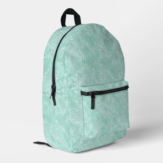 Marmorseide Moire Muster in Coolem Aqua Green Bedruckter Rucksack (Rückseitige Ecke links)