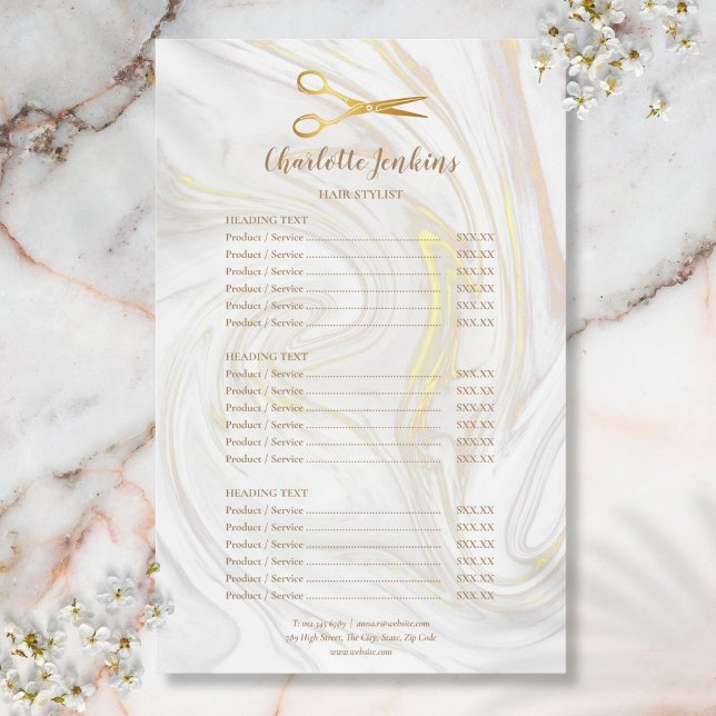 Marmorservice-Menü der Goldschere für Haarstühle Flyer (Hairstylist Gold Scissors Marble Service Menu Flyer)